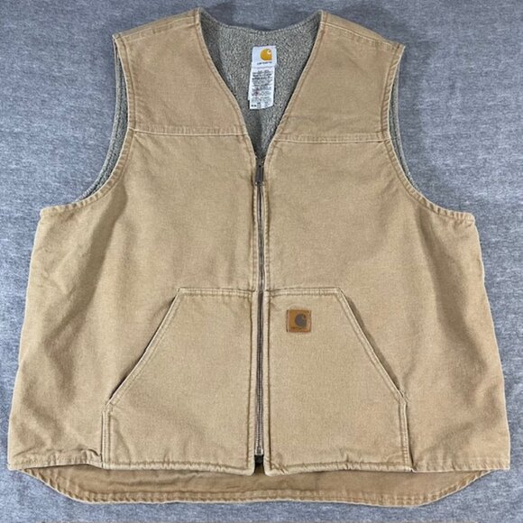 Carhartt V26 CML Vest Men's 2XLT Tall Full Zip Sherpa Lined Workwear Cotton Tan - Picture 1 of 9